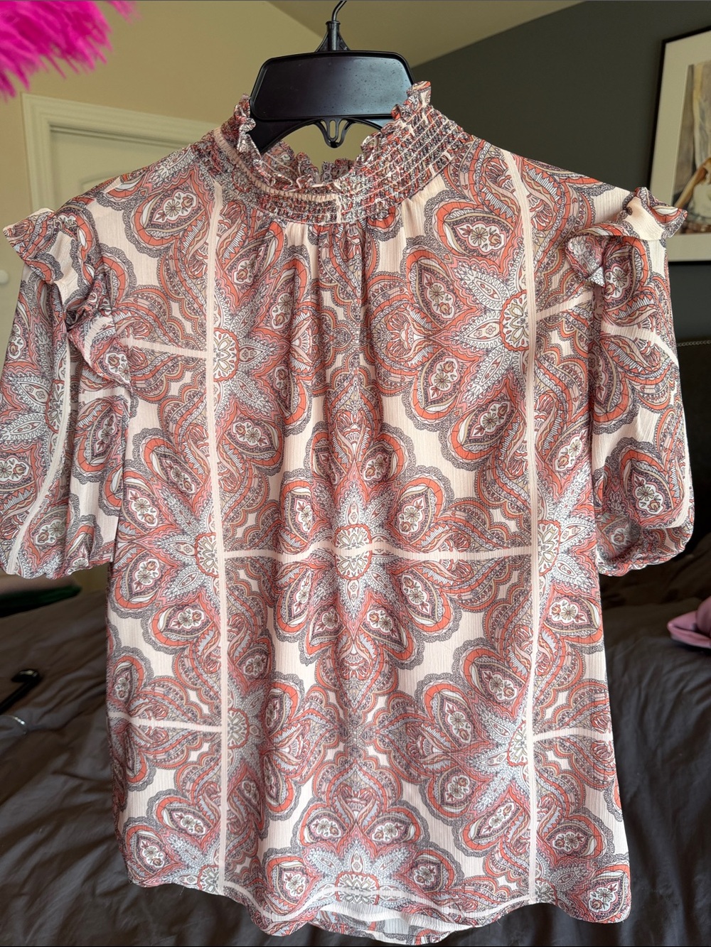 Tommy Hilfiger Pink Paisley Smocked Neck Flutter Sleeve Blouse